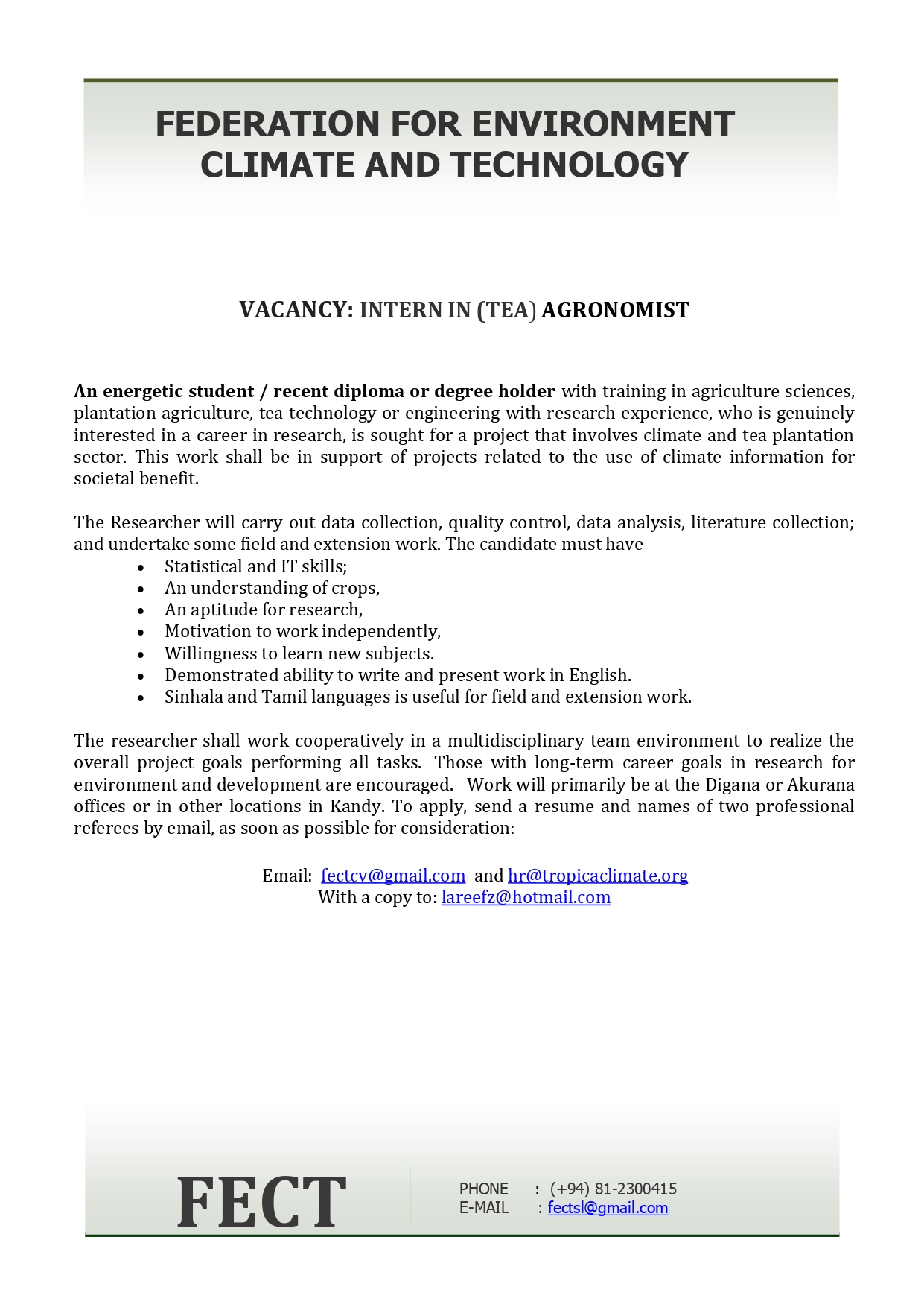  Vacancies are open for INTERN IN (TEA) AGRONOMIST
