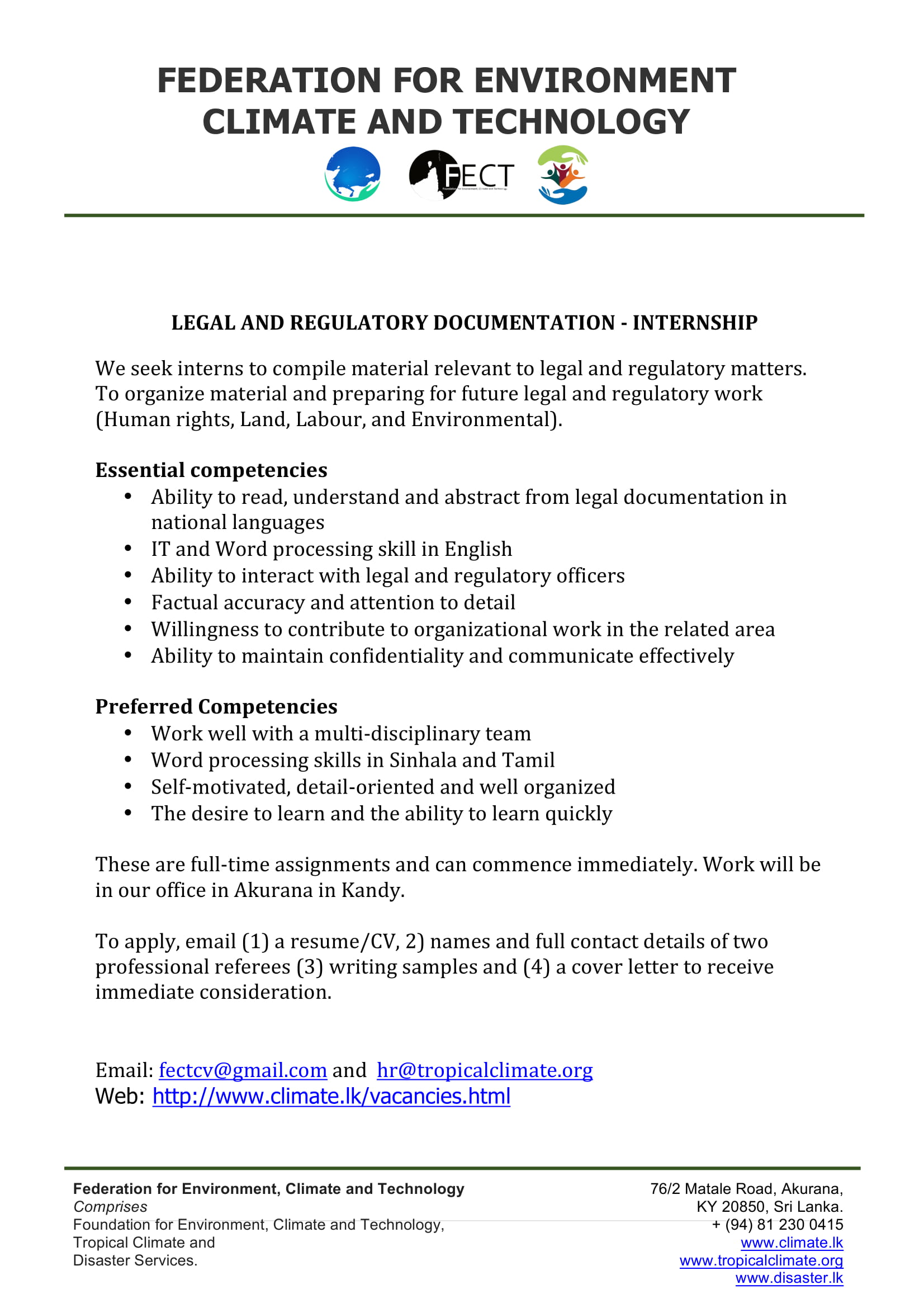  Vacancies are open for LEGAL AND REGULATORY DOCUMENTATION ASSISTANT